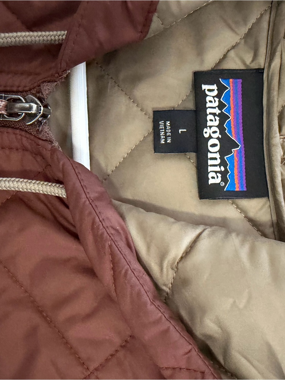Patagonia Women's Quilted Hooded Puffer Jacket - Burgundy with Tan Lining